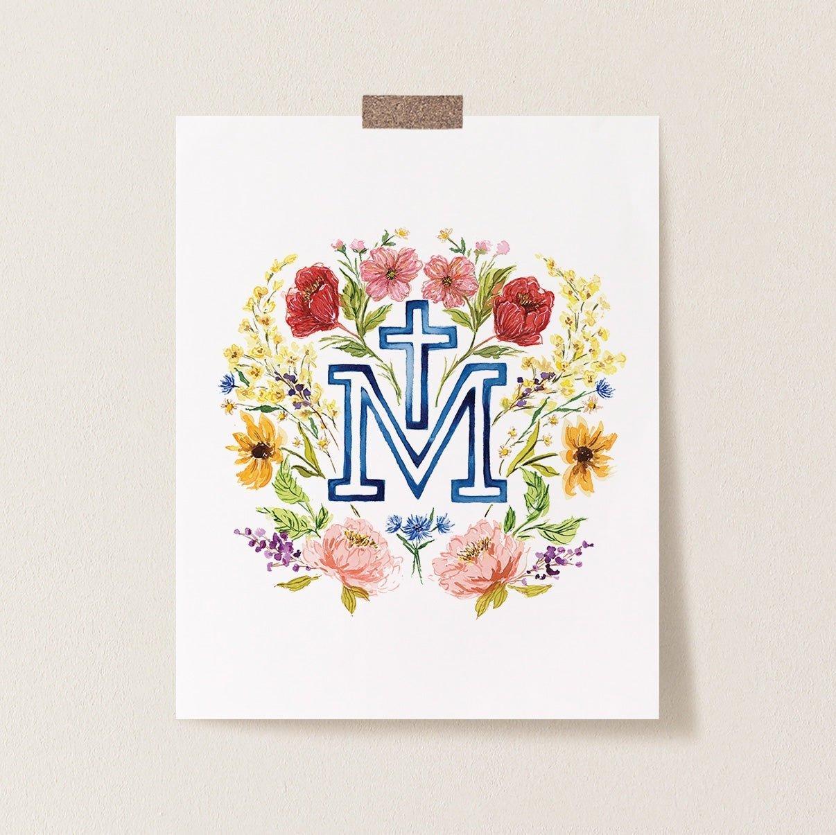 Floral Marian Cross Catholic Print - Little Way Design Co.