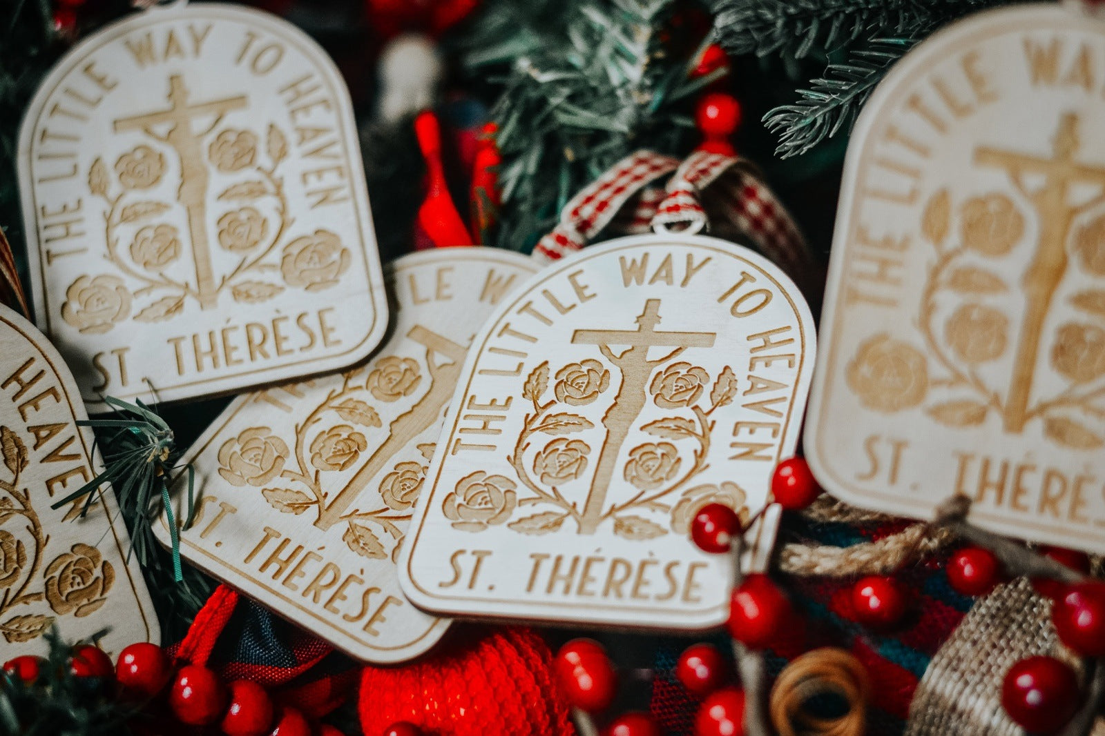 st therese christmas tree ornament hanging on tree