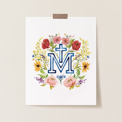 Floral Marian Cross Catholic Print - Little Way Design Co.