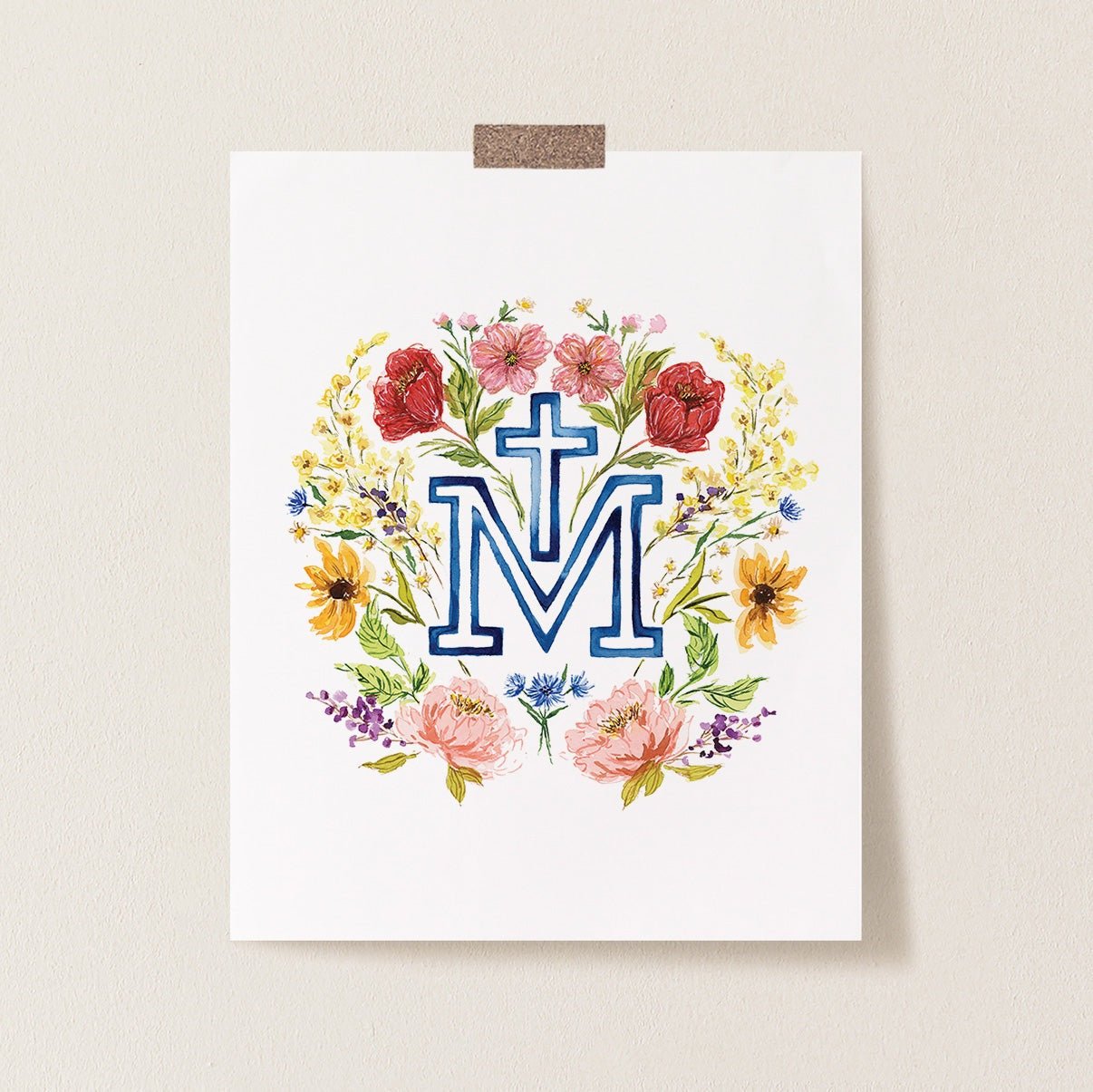 Floral Marian Cross Catholic Print - Little Way Design Co.