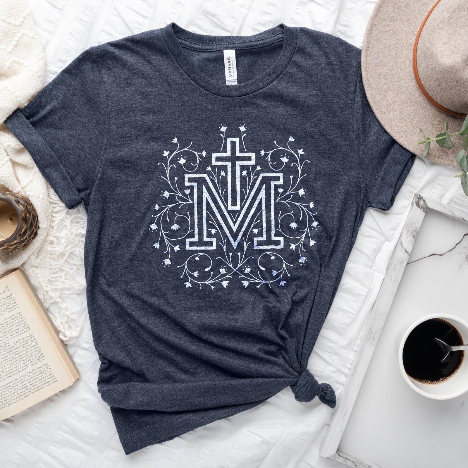 Marian Cross Catholic Crewneck T-shirt - Little Way Design Co.