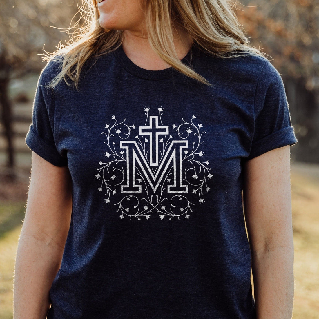 Marian Cross Catholic Crewneck T-shirt - Little Way Design Co.