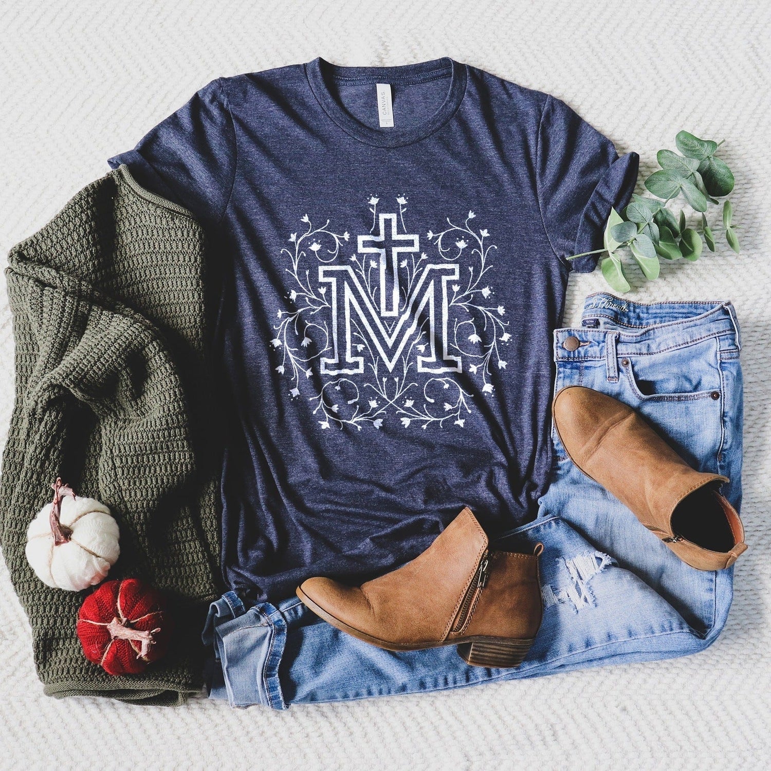 Marian Cross Catholic Crewneck T-shirt - Little Way Design Co.