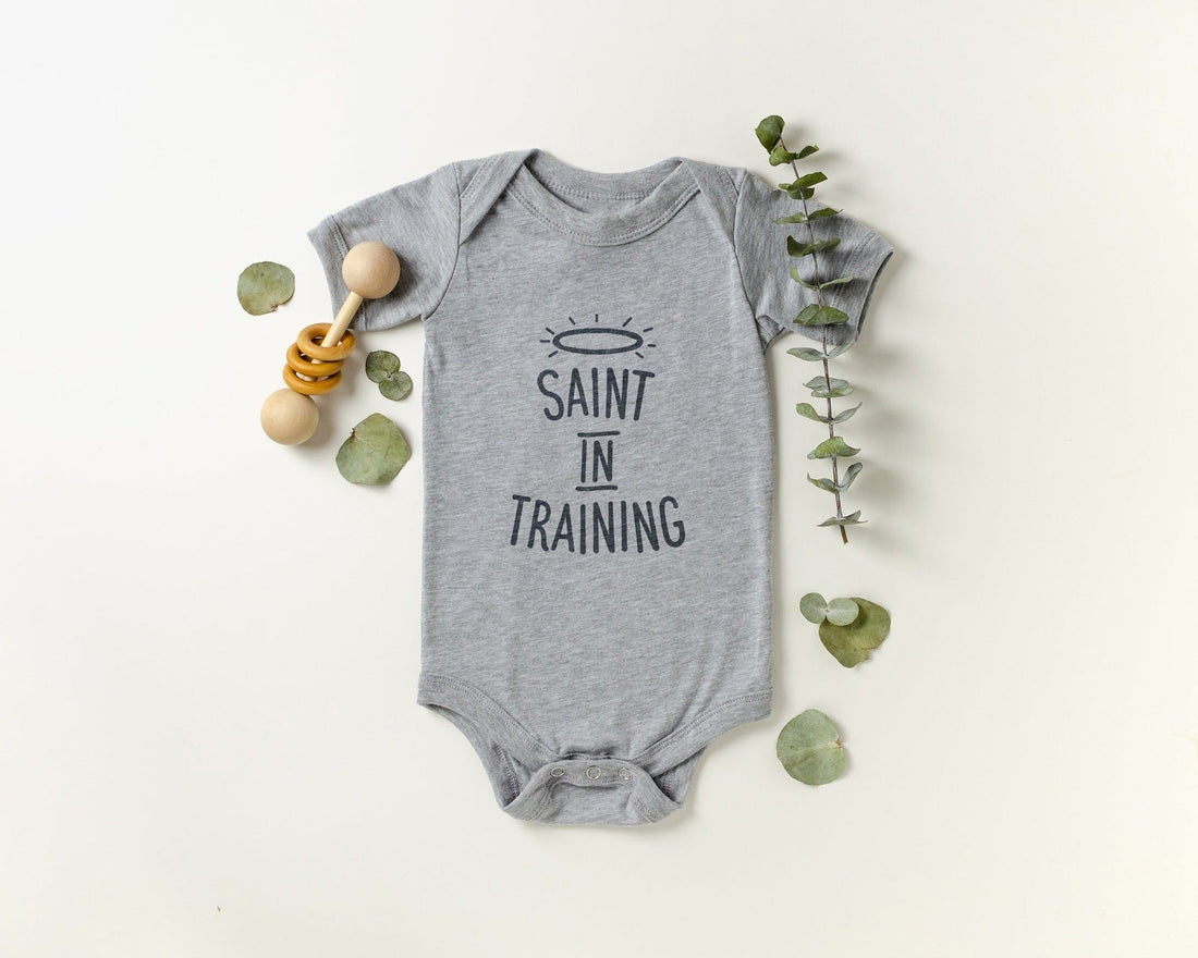 Saint In Training Light Gray Bodysuit - Little Way Design Co.